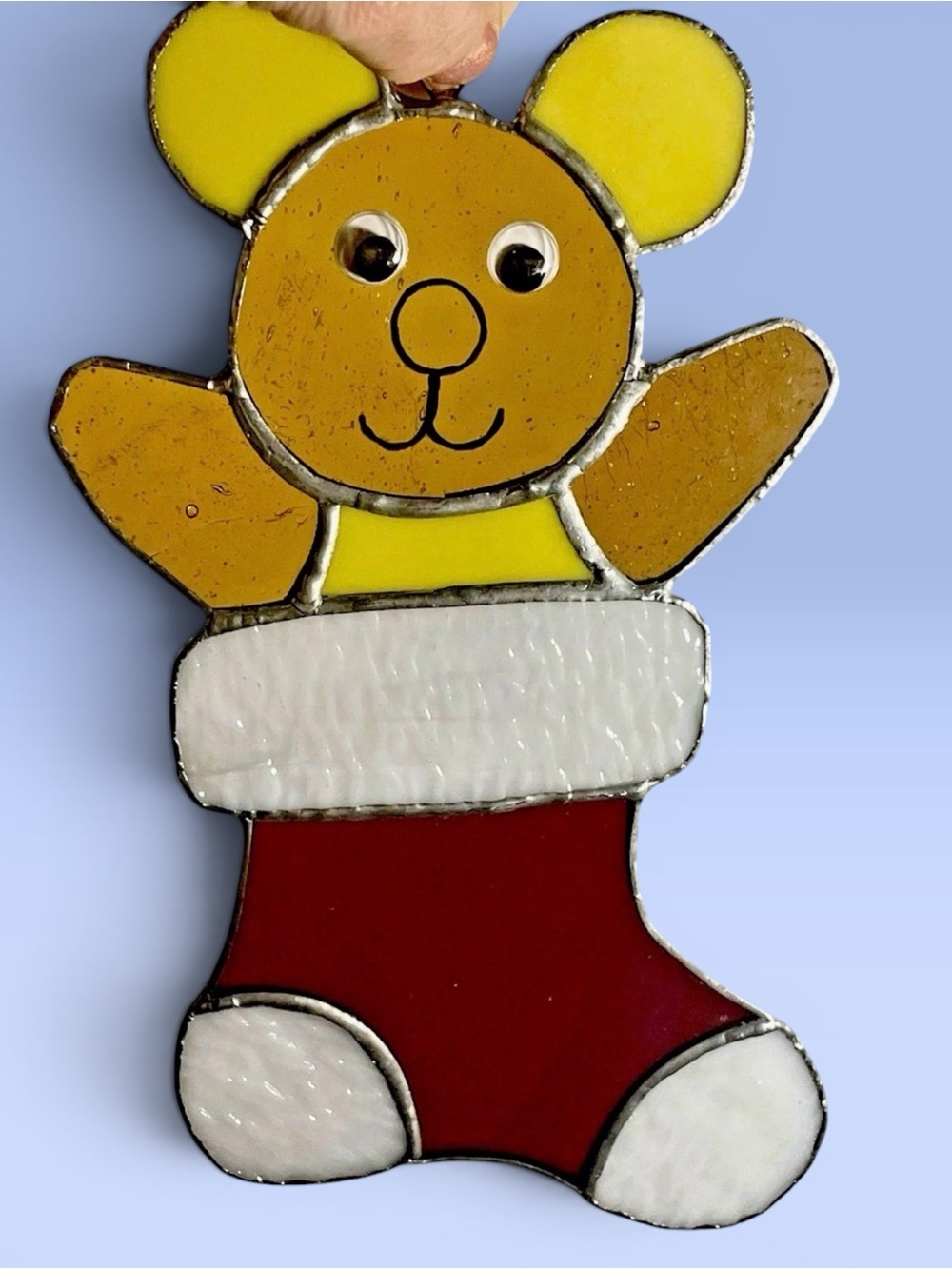 Vintage Strained Glass Christmas Ornament Textured Glass Bear  9"